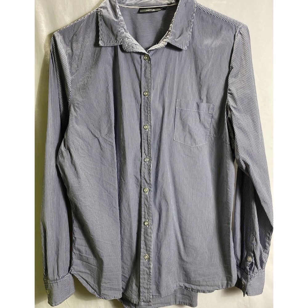Apt.‎ 9 Womens Navy Blue White Striped Button Down Shirt Long Sleeve Size L